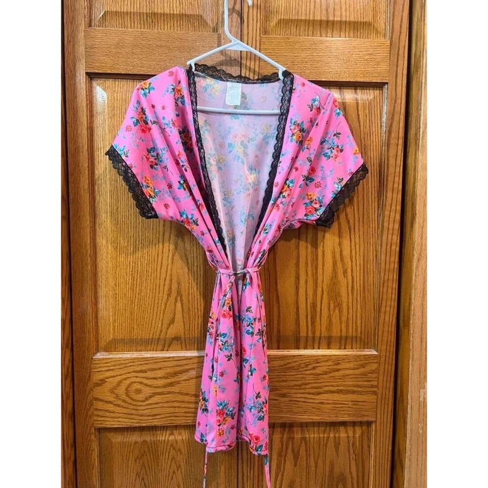 Private Moments Women’s Medium Pink Floral Robe Black Lace Trim Y2K Lingerie